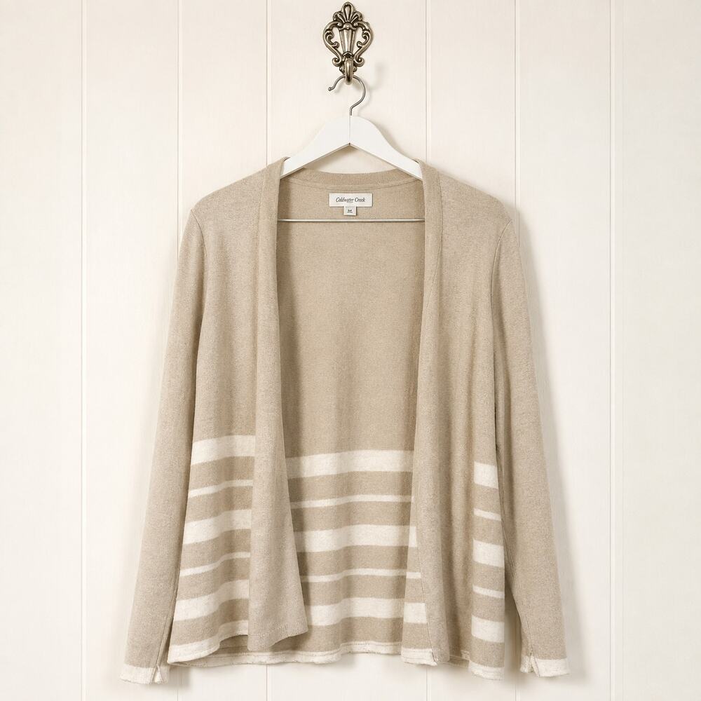 Liz Claiborne Cardigan Women's XL Beige Open Front Lace Trim Rayon Blend Knit